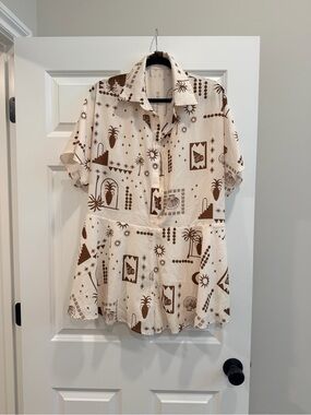 Commense Cream and Brown Printed Short-Sleeve Jumpsuit Romper